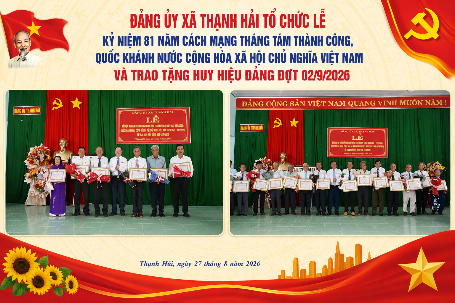 Đảng ủy xã Thạnh Hải tổ chức Lễ kỷ niệm 81 năm Cách mạng Tháng Tám thành công, Quốc khánh nước Cộng hòa xã hội chủ nghĩa Việt Nam và trao tặng Huy hiệu Đảng đợt 02/9/2026